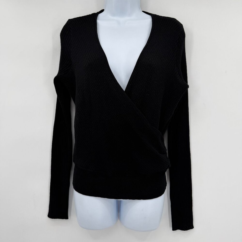 Bardot Black Ribbed Wrap Sweater Top Long Sleeve Women's Spring Size 8/M